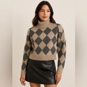 Abercrombie & Fitch Argyle Knit Turtleneck Sweater Gray/Tan Size Women’s XL
